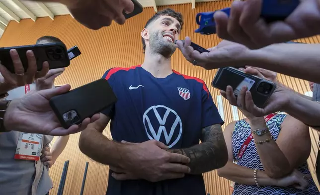 United States' Christian Pulisic speaks to the media, Friday, Oct. 11, 2024, in Austin, Texas, as the U.S. men's national soccer team prepares play Panama in an international friendly on Saturday. (AP Photo/Rodolfo Gonzalez)