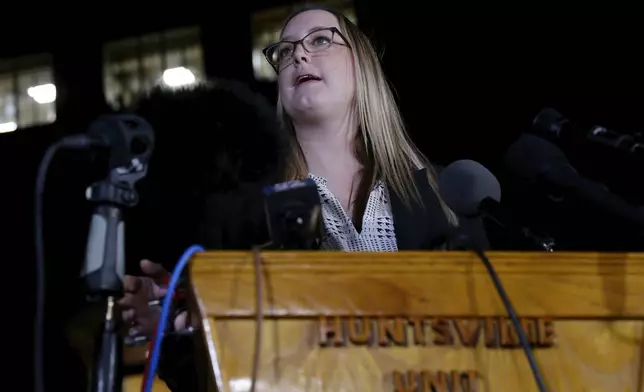 Amanda Hernandez, director of communications for the Texas Department of Criminal Justice, announces the stay granted by the Texas Supreme Court to halt the execution of Robert Roberson during a press conference at the Huntsville Unit of the Texas State Penitentiary, Thursday, Oct. 17, 2024, in Huntsville, Texas. (AP Photo/Michael Wyke)