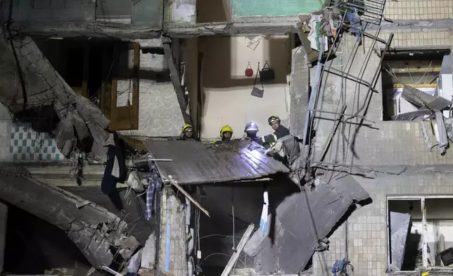 Rescue workers clear the rubble inside a building damaged by a Russian airstrike in Kharkiv, Ukraine, Thursday Oct. 3, 2024. (AP Photo/Yevhen Titov)