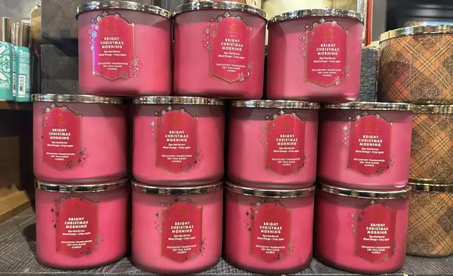 Scented candles called Bright Christmas Morning are shown at a Bath and Body Works store on Wednesday, Oct. 9, 2024, in New York. (AP Photo/Peter Morgan)