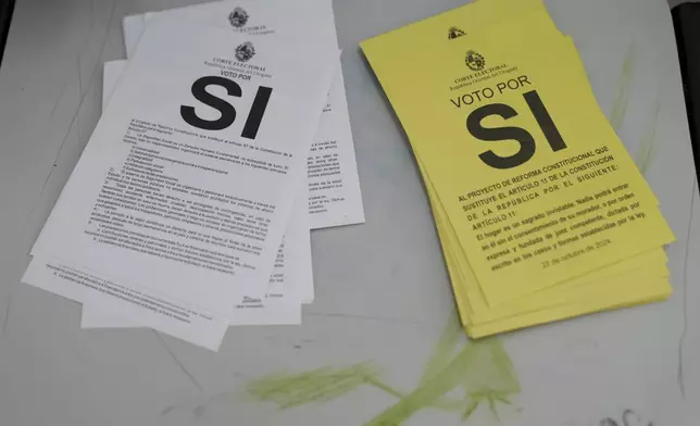 Referendum ballots sit on a table at a polling station during general elections in Canelones, Uruguay, Sunday, Oct. 27, 2024. (AP Photo/Matilde Campodonico)