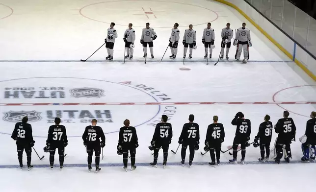 FILE - The Utah Hockey Club development camp intrasquad is introduced before their scrimmage at the Delta Center, Friday, July 5, 2024, in Salt Lake City. (AP Photo/Rick Bowmer, File)