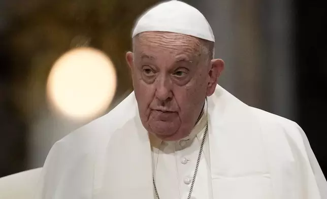 FILE - Pope Francis attends a meeting with diocesan community in the Basilica of St. John Lateran, in Rome, Friday, Oct. 25, 2024. (AP Photo/Alessandra Tarantino, File)