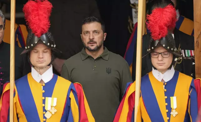 Ukraine's President Volodymyr Zelenskyy leaves at the end of a private meeting with Pope Francis, at the Vatican, Friday, Oct. 11, 2024. (AP Photo/Andrew Medichini)