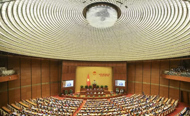 General Secretary of the Communist Party To Lam delivers a speech at the National Assembly in Hanoi, Vietnam on Monday, Oct. 21, 2024. (AP Photo/Minh Hoang)