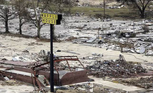 FILE - A sign is all that's left of this Waffle House on the beach in Gulfport, Miss., Aug. 31, 2005. (AP Photo/Phil Coale, File)