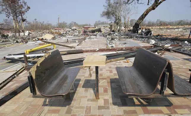 FILE - Only the benches remain at what was a Waffle House restaurant on the beachfront area in Gulfport, Miss., Sept. 20, 2005, following Hurricane Katrina. (AP Photo/Ric Feld, File)