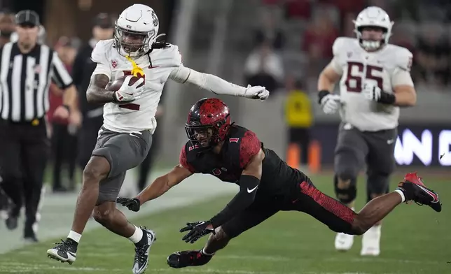 Washington State wide receiver Kyle Williams gets away from San Diego State cornerback Chris Johnson during the first half of an NCAA college football game Saturday, Oct. 26, 2024, in San Diego. (AP Photo/Gregory Bull)