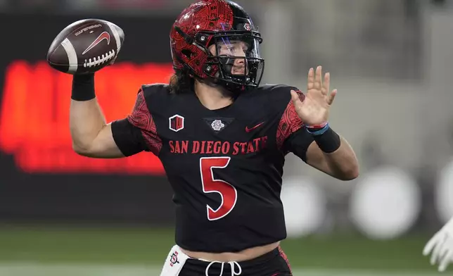 San Diego State quarterback Danny O'Neil throws a pass during the first half of an NCAA college football game against Washington State Saturday, Oct. 26, 2024, in San Diego. (AP Photo/Gregory Bull)