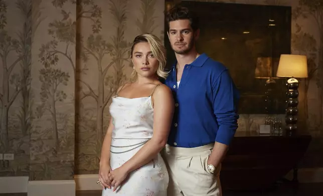 Florence Pugh, left, and Andrew Garfield pose for a portrait to promote the film "We Live in Time" on Tuesday, Sept. 10, 2024, in New York. (Photo by Matt Licari/Invision/AP)