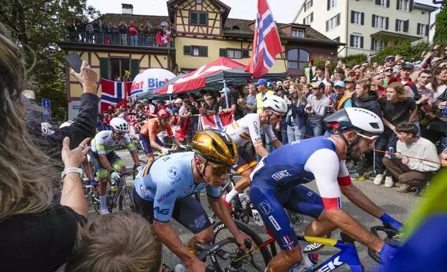 Belgium's Remco Evenepoel and France's Julien Bernard climb Zurichbergstrasse during the Men Elite road race of the Cycling and Para-cycling Road World Championships in Zurich, Switzerland, Sunday, Sept. 29, 2024.(AP Photo/Peter Dejong)