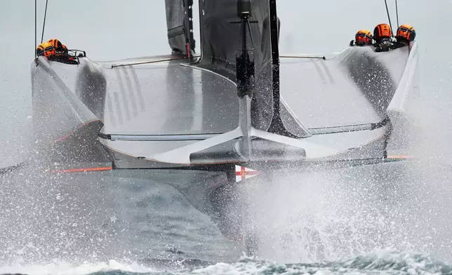 Ineos Britannia races during the Louis Vuitton 37th America's Cup race in Barcelona, Spain, Saturday, Oct. 12, 2024. (AP Photo/Bernat Armangue)