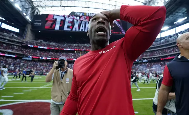 Houston Texans head coach DeMeco Ryans reacts as he walks off the field after an NFL football game against the Indianapolis Colts, Sunday, Oct. 27, 2024, in Houston. The Texans won 23-20. (AP Photo/Eric Christian Smith)