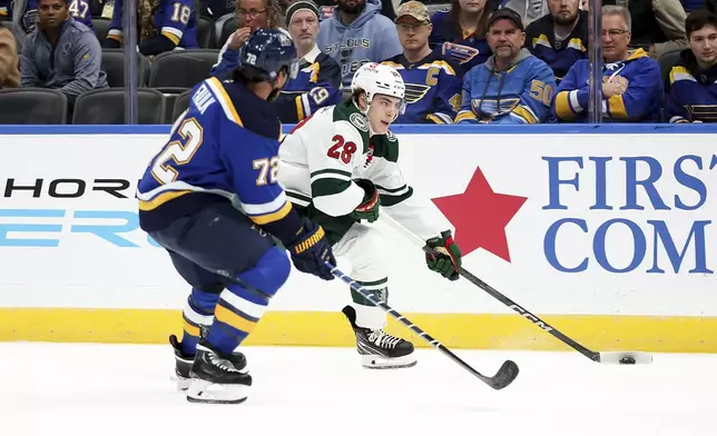 Minnesota Wild's Liam Ohgren (28) controls the puck while under pressure from St. Louis Blues' Justin Faulk (72) during the first period of an NHL hockey game Tuesday, October 15, 2024, in St. Louis. (AP Photo/Scott Kane)