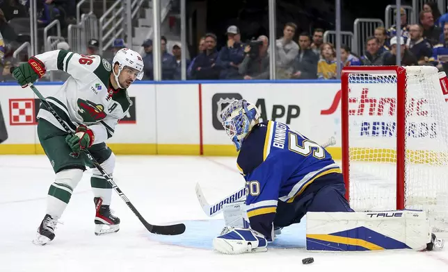 St. Louis Blues goaltender Jordan Binnington (50) defends against Mats Zuccarello during the third period of an NHL hockey game Tuesday, October 15, 2024, in St. Louis. (AP Photo/Scott Kane)