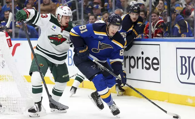 St. Louis Blues' Dylan Holloway (81) controls the puck while under pressure from Minnesota Wild's Marco Rossi (23) during the second period of an NHL hockey game Tuesday, October 15, 2024, in St. Louis. (AP Photo/Scott Kane)