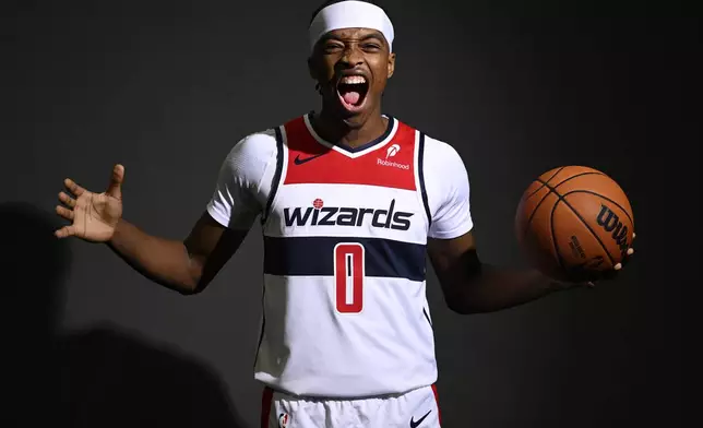 Washington Wizards guard Bilal Coulibaly poses during the NBA basketball team's media day, Monday, Sept. 30, 2024, in Washington. (AP Photo/Nick Wass)