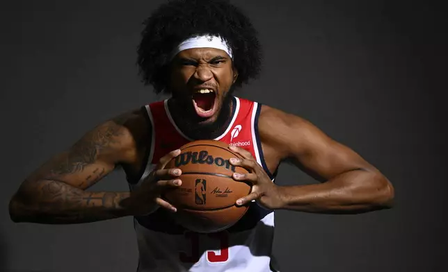 Washington Wizards forward Marvin Bagley III poses during the NBA basketball team's media day, Monday, Sept. 30, 2024, in Washington. (AP Photo/Nick Wass)