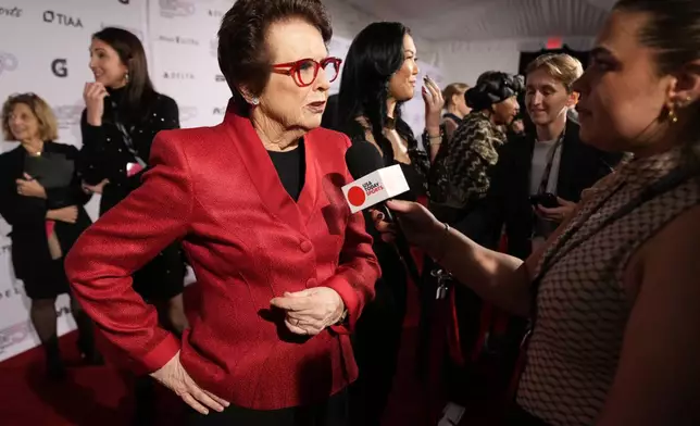 Billie Jean King speaks to reporters on the red carpet at the Women's Sports Foundation's Annual Salute to Women in Sports, Wednesday, Oct. 16, 2024, in New York. (AP Photo/Pamela Smith)