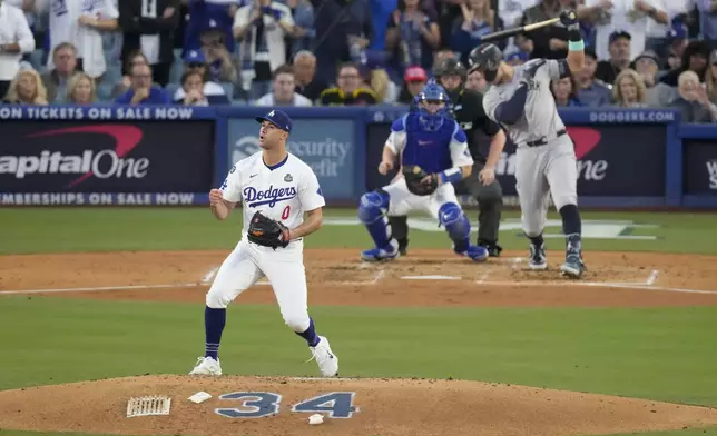 Los Angeles Dodgers starting pitcher Jack Flaherty reacts after striking out New York Yankees' Aaron Judge during the third inning in Game 1 of the baseball World Series, Friday, Oct. 25, 2024, in Los Angeles. (AP Photo/Mark J. Terrill)