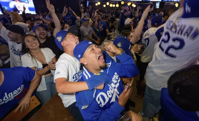 Fans celebrate after the Los Angeles Dodgers defeated the New York Yankees to win the baseball World Series Wednesday, Oct. 30, 2024, in Los Angeles. (AP Photo/Damian Dovarganes)