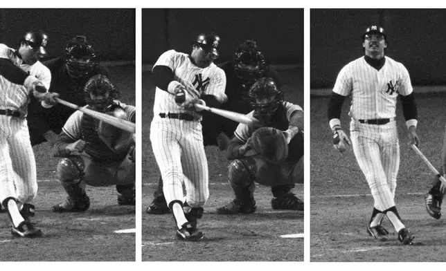 FILE - In this combo image, New York Yankees slugger Reggie Jackson hits home runs on three consecutive pitches from three different Los Angeles Dodgers pitchers in Game 6 of the World Series, Oct. 18, 1977. Here, from left, Jackson goes deep off Burt Hooton in the fourth inning. Then, he takes Elias Sosa out of the park in the fifth. And finally, he admires his eighth inning homer off Charlie Hough. (AP Photos/Ray Stubblebine, File)