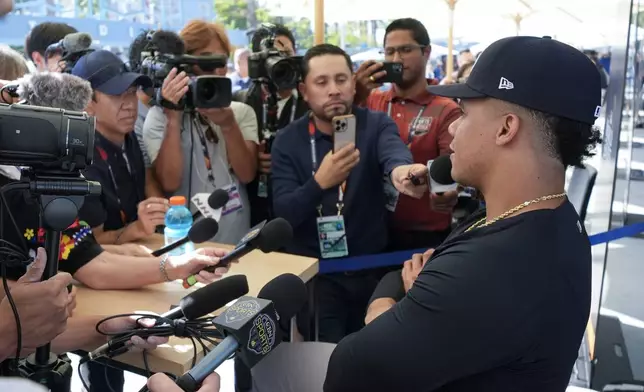 New York Yankees' Juan Soto speaks during media day for the baseball World Series, Thursday, Oct. 24, 2024, in Los Angeles. (AP Photo/Ashley Landis)