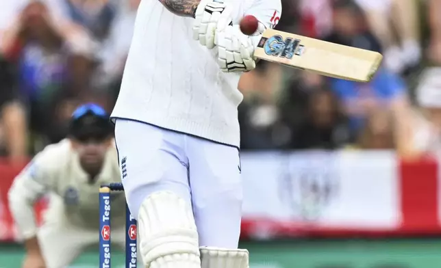 England's Ben Stokes bats during play on the third day of the first cricket test between England and New Zealand at Hagley Oval in Christchurch, New Zealand, Saturday, Nov. 30, 2024. (Andrew Cornaga/Photosport via AP)