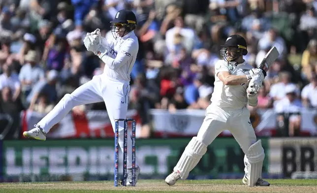New Zealand's Kane Williamson bats during play on the third day of the first cricket test between England and New Zealand at Hagley Oval in Christchurch, New Zealand, Saturday, Nov. 30, 2024. (Andrew Cornaga/Photosport via AP)