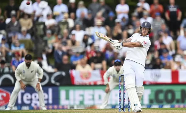 England's Ben Stokes bats during play on the third day of the first cricket test between England and New Zealand at Hagley Oval in Christchurch, New Zealand, Saturday, Nov. 30, 2024. (Andrew Cornaga/Photosport via AP)