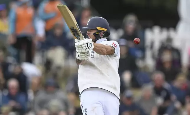 England's Ben Stokes bats during play on the third day of the first cricket test between England and New Zealand at Hagley Oval in Christchurch, New Zealand, Saturday, Nov. 30, 2024.(John Davidson/Photosport via AP)