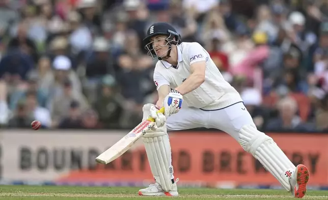 England's Harry Brook bats during play on the third day of the first cricket test between England and New Zealand at Hagley Oval in Christchurch, New Zealand, Saturday, Nov. 30, 2024.(John Davidson/Photosport via AP)