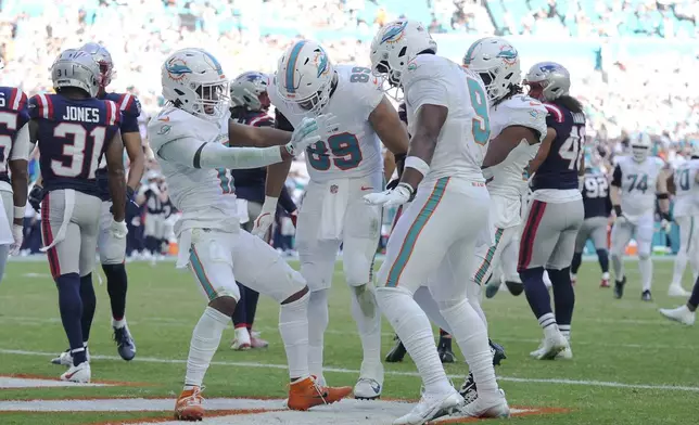 Miami Dolphins wide receiver Jaylen Waddle (17), left, celebrates his touchdown during the second half of an NFL football game against the New England Patriots, Sunday, Nov. 24, 2024, in Miami Gardens, Fla. (AP Photo/Wilfredo Lee)