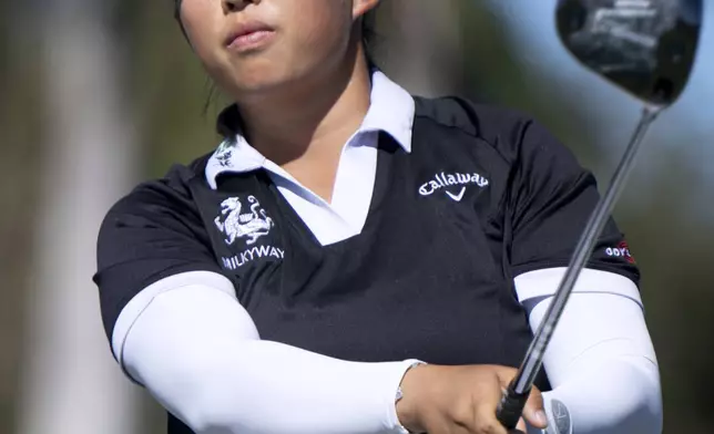 Ruoning Yin tees off on the eighth hole during the final round of the LPGA CME Group Tour Championship golf tournament Sunday, Nov. 24, 2024, in Naples, Fla. (AP Photo/Chris Tilley)