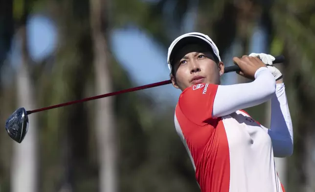 Jeeno Thitikul tees off on the ninth hole during the final round of the LPGA CME Group Tour Championship golf tournament Sunday, Nov. 24, 2024, in Naples, Fla. (AP Photo/Chris Tilley)