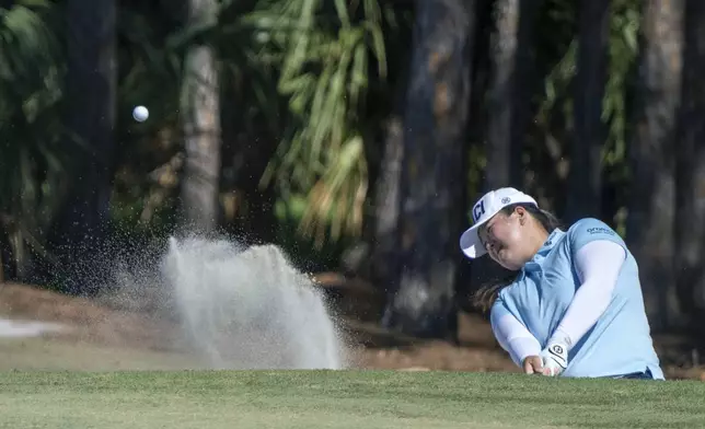 Angel Yin hits from the sand on the sixth hole during the final round of the LPGA CME Group Tour Championship golf tournament Sunday, Nov. 24, 2024, in Naples, Fla. (AP Photo/Chris Tilley)