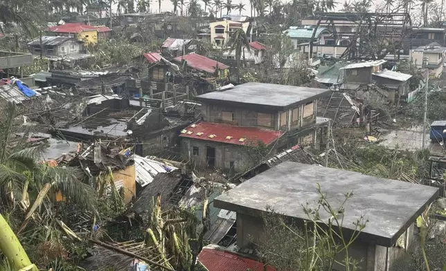 This photo provided by the MDRRMO Viga Catanduanes, shows damaged houses caused by Typhoon Man-yi in Viga, Catanduanes province, northeastern Philippines Sunday, Nov. 17, 2024. (MDRRMO Viga Catanduanes via AP)