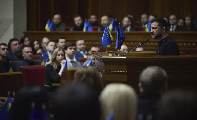 In this photo provided by the Press Service of The President of Ukraine on Nov. 19, 2024, Ukraine's President Volodymyr Zelenskyy speaks to parliamentarians at Verkhovna Rada in Kyiv, Ukraine. (Press Service of The President of Ukraine via AP)