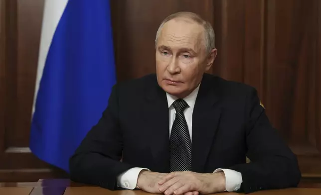 FILE - Russian President Vladimir Putin records a televised address in Moscow, Russia, Thursday, Nov. 21, 2024. (Vyacheslav Prokofyev, Sputnik, Kremlin Pool Photo via AP, File)