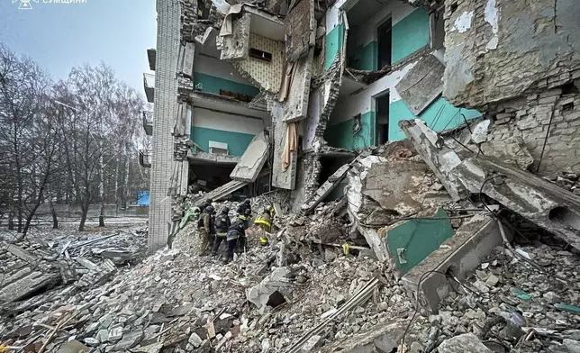 In this photo provided by the Ukrainian Emergency Services on Nov. 19, 2024, rescue workers clear the rubble of a residential building destroyed by a Russian strike in Hlukhiv, Ukraine. (Ukrainian Emergency Service via AP)