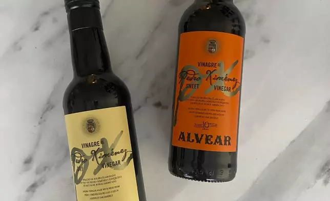 This image provided by Katie Workman shows two sherry wine vinegars from Alvear. (Katie Workman via AP)