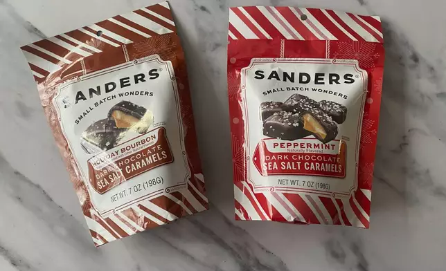 This image provided by Katie Workman shows two bags of sea salt caramels from Sanders. (Katie Workman via AP)