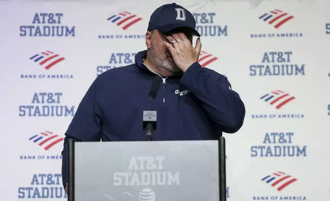 Dallas Cowboys head coach Mike McCarthy speaks to reporters following an NFL football game against the Houston Texans, Monday, Nov. 18, 2024, in Arlington, Texas. The Texans won 34-10. (AP Photo/Gareth Patterson)