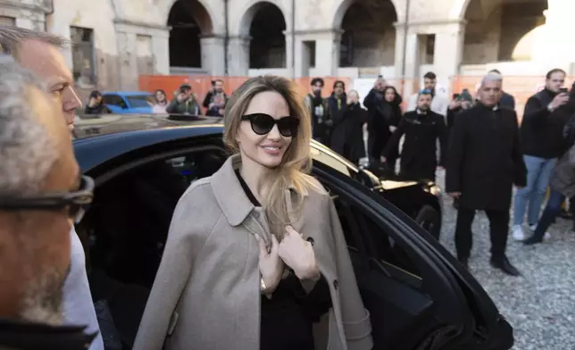 US actress Angelina Jolie arrives for the 42th Turin Film Festival in Turin, Italy, Sunday, Nov. 24, 2024. (Matteo Secci/LaPresse via AP)