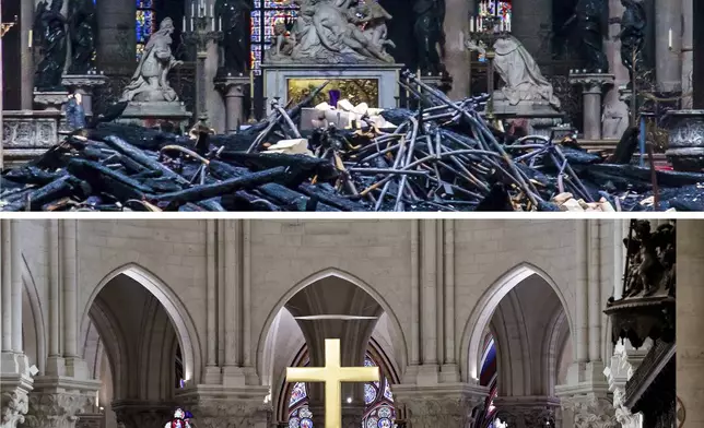 A combo of images showing the altar inside Notre Dame cathedral in Paris after the fire on April 16, 2019, top, and showing after the renovation and taken on Friday Nov. 29, 2024. (Christophe Petit Tesson and Stephane de Sakutin, Pool via AP)