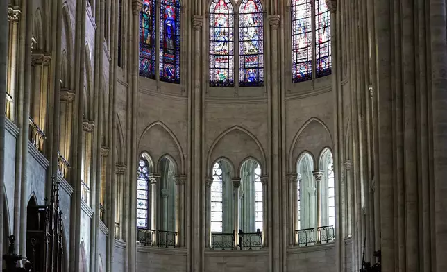 The altar designed by French artist and designer Guillaume Bardet is seen in the heart of Notre-Dame de Paris cathedral while French President Emmanuel Macron visits the restored interiors of the monument, Friday Nov. 29, 2024, in Paris. (Stephane de Sakutin, Pool via AP)