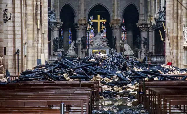 FILE - A hole is seen in the dome inside Notre Dame cathedral after the fire in Paris, Tuesday, April 16, 2019. (Christophe Petit Tesson, Pool via AP, File)