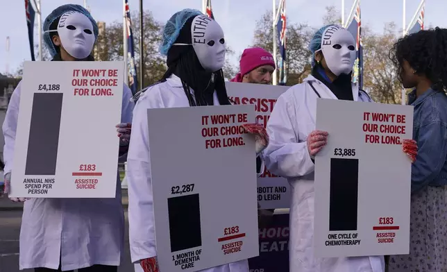 Protesters wearing masks show placards in front of Parliament in London, Friday, Nov. 29, 2024 as British lawmakers started a historic debate on a proposed to help terminally ill adults end their lives in England and Wales.(AP Photo/Alberto Pezzali)