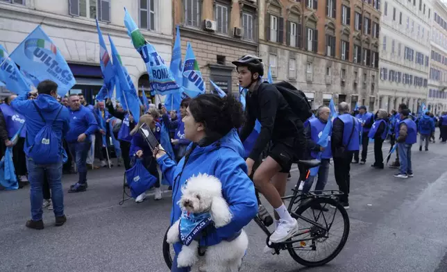 Demonstrators gather during a public and private sectors' national strike called by the labor unions to protest against government's budget law in Rome, Friday, Nov. 29, 2024. (AP Photo/Gregorio Borgia)