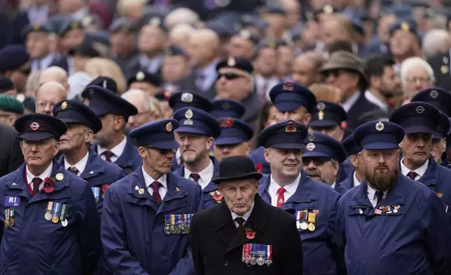 Veterans line up as they attend the Remembrance Sunday Service at the Cenotaph in London, Sunday, Nov. 10, 2024. (AP Photo/Alberto Pezzali, Pool)